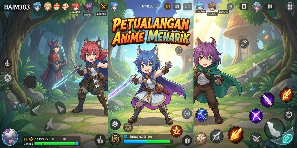 Tangkapan layar BAIM303 menunjukkan karakter anime dalam aksi seru.