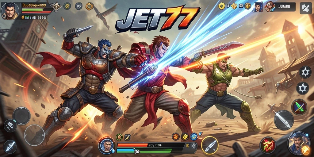 Screenshot utama JET77 menampilkan pertarungan seru antara dua karakter ikonik.