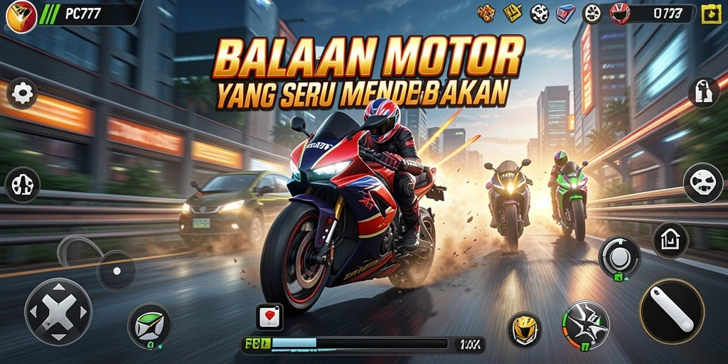 Screenshot utama menunjukkan balapan motor yang menegangkan di lintasan.